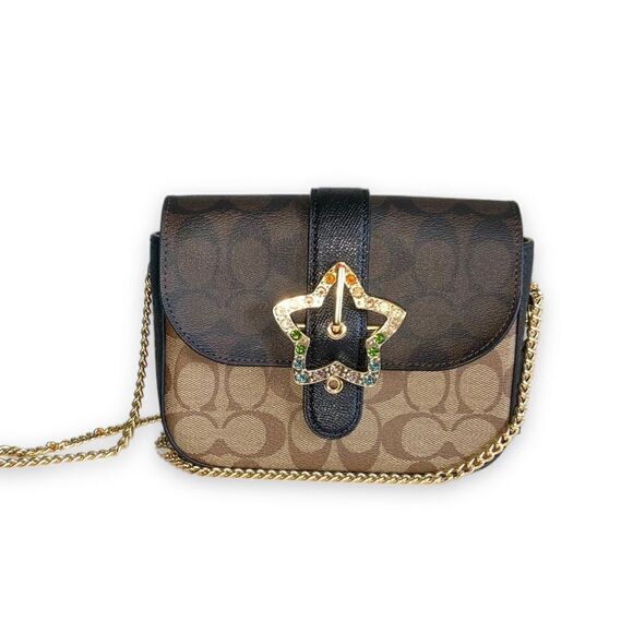 Coach Gemma Gold/Khaki Brown Colorblock Crossbody In Signature Canvas w/ Rhinest - Picture 5 of 10